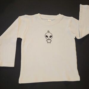 Classic, Cotton White Long Sleeve T w/ baby alien dtf. Toddlers.